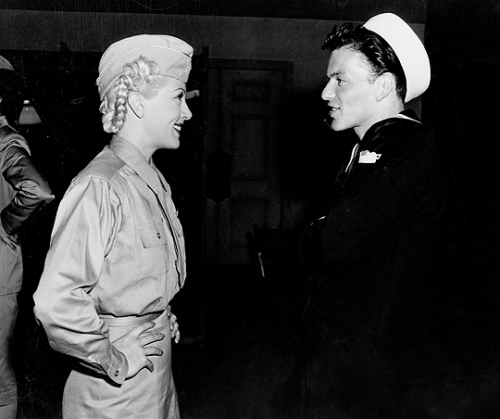 francisalbertsinatra:Lana Turner visits Frank Sinatra on the set of Anchors Aweigh (1945)