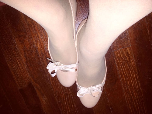 Cute J. Crew pink flats with Nude Sheer-To-The-Waist pantyhose.