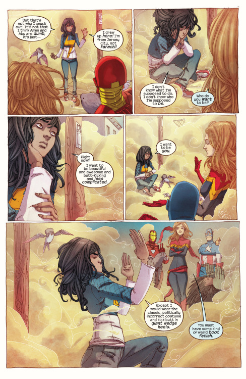 fairestcat:Kamala’s Terrigen Mist-induced hallucination of Captain Marvel, Captain America and