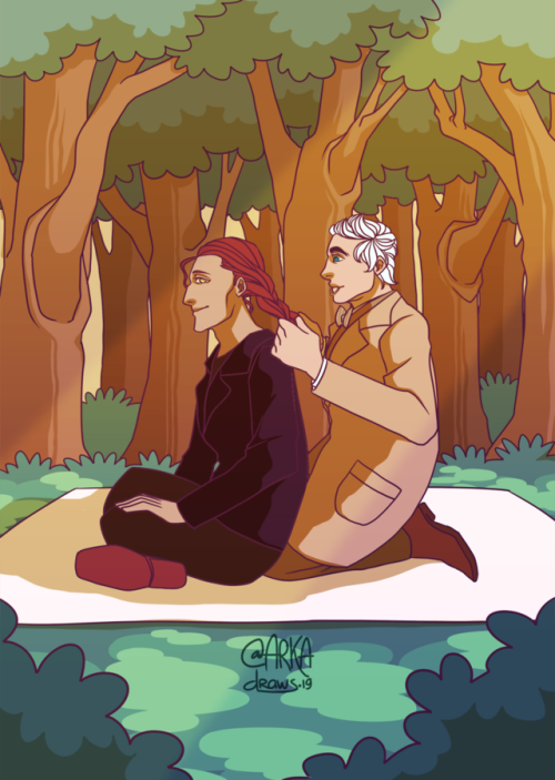 xblackpaladin: prompt from @arejare: aziraphale braiding crowley’s hair :D