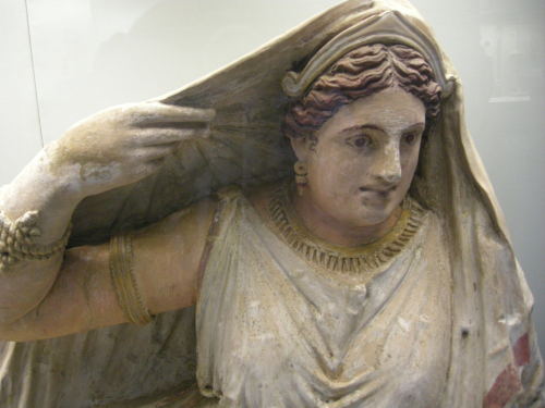 ancientart:The Etruscan painted terracotta sarcophagus of Seainti Hanunia Tlesnasa, dates to ab
