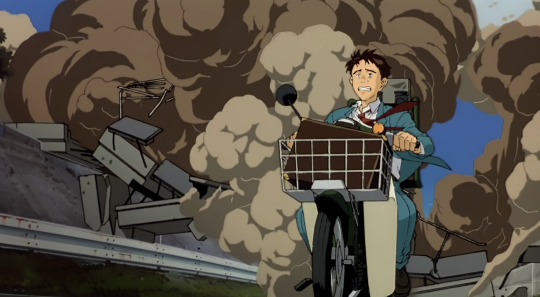 Still from 'Stink Bomb', with an anxious salaryman riding a moped through a cloud of smoke.