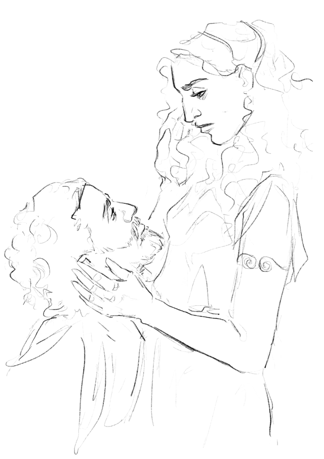 line sketch of agamemnon kneeling in front of klytaimnestra while she clutches his face in her hand