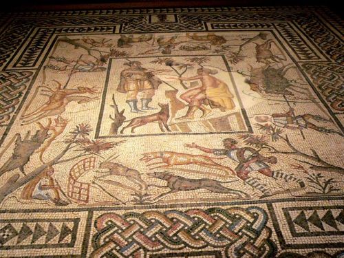 ancientart: Mosaic floor from Villelaure with Diana and Callisto surrounded by hunt scenes. This&nbs