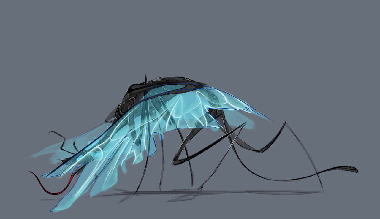 A sequence of images of a changeling "transformation" which is actually an illusion spell.  In this image, the tattered blue wings are lowered to cover the body