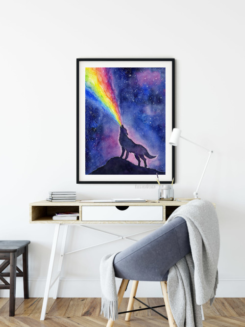 Galactic Wolf - rainbow in the galaxy, watercolor painting by Olga Shvartsur. Signed Prints / Home D