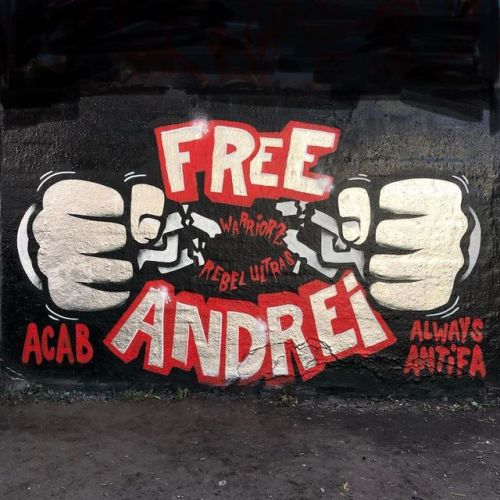 Mural in Hamburg calling for the freedom of Andrei, an antifascist activist from Minsk who is facing