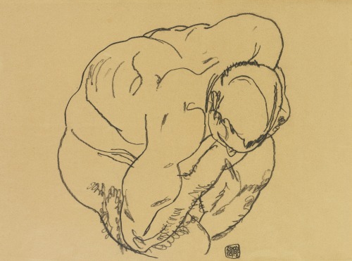thunderstruck9: Egon Schiele (Austrian, 1890-1918), Crouching male nude, 1918. Black crayon on paper