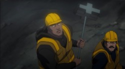 greenish-lantern:  Steel made a cameo in Throne of Atlantis, too! He’s a construction worker who fights off the Trench with a hammer before being saved by Superman.