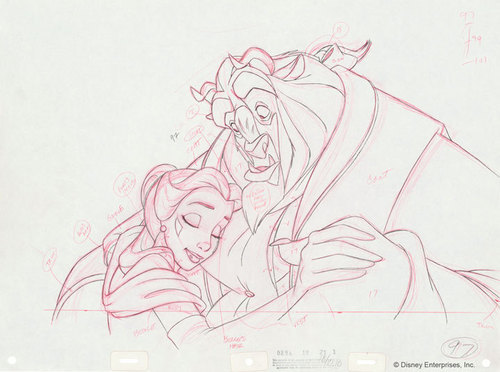 the-disney-elite: A page of James Baxter’s pencil animation for Beauty and the Beast.