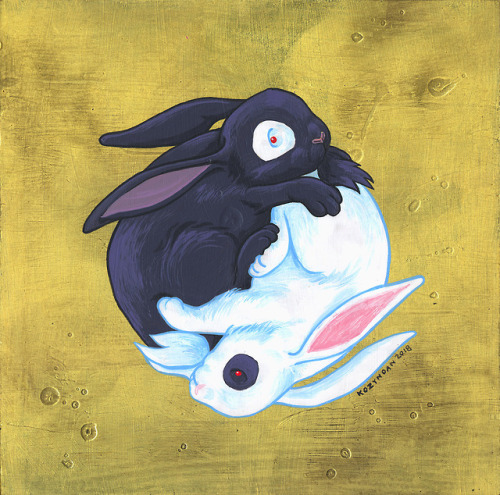 “Bunny Yin-Yang (1)”acrylic and gold leaf on board, 8x8 inches, 2018On view now for our show “Cuddle