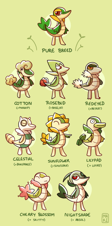 houndoom-kaboom:  marianascosta:  I drew some smugleaf variations based off these adorable chikorita variations.I’m quite fond of cotton and cherry blossom.   This had officially became a thing!