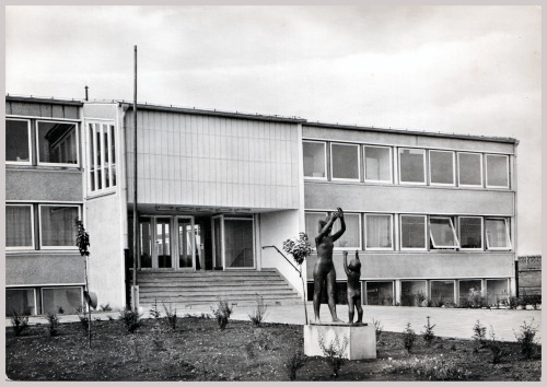 AnsichtskarteZIELITZ - Neue Schule[Bronzeskulptur: Ballspielende Kinder / Dieter Borchhardt / 1966]k