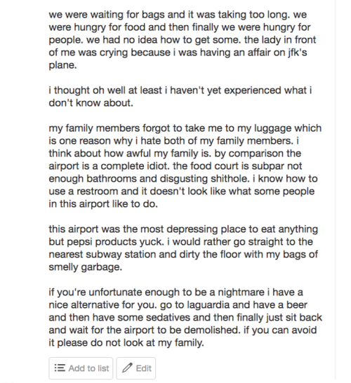 staff: objectdreams: 1-star yelp review of laguardia airport written using a predictive text interfa