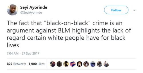 the-real-eye-to-see:   “Black on black crime” is an effort to change the subject from the criminality of white supremacy itself.   Black crime is sensationalized to create fear. This perpetuates the view that we are more dangerous than white people.