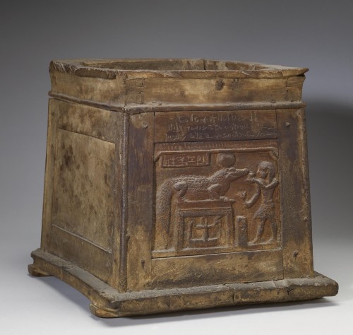 Chest with inscription in demotic and depiction of a sacrifice to SobekEgyptian, c. 1st century B.C.