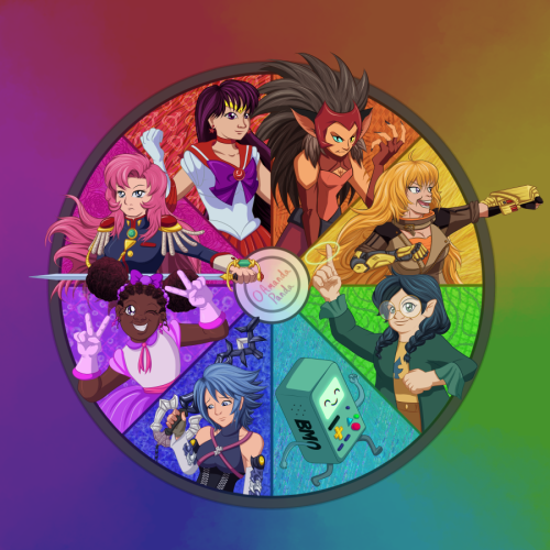 A square digital art piece on a rainbow background. In the center is a color wheel divided into 8 sections.   The top left section of the wheel has sailor mars in a confident pose. She is light skinned and has long dark purple hair. She wears a red and white sailor seshi uniform with a purple bow on her chest. She has red star earrings and a gold tiara. The background of that section features a repeating pattern of a modified mars planetary symbol with the circle shaped into a heart with stylized flames.   The next section of the wheel, going in clockwise order shows Catra in an aggressive pose with her claws extended.  She has orange toned skin/fur and has long brown hair. She wears an orange body suit and has asymmetric finger less gloves. She has a pointy red mask framing her face and her cat ears emerge behind it.  The background of that section features claw marks on an orange geometric field.   The next section of the wheel, going in clockwise order shows Yang Xiao Long in a fighting pose with a fist extended. She is light skinned and has long blond hair. She wears a brown biker jacket with an orange shirt under. Her right arm is a prosthetic arm made of yellow and black metal. Her left arm is extended and she has a yellow gauntlet on it. The background of that section features a stylized yellow fire pattern.   The next section of the wheel, going in clockwise order shows Willow Park in a pose with one arm raised casting a spell. She is light skinned and has dark green hair tied into 2 braids. She wears a dark green sweater with ruffles over a yellow shirt and brown pants. The background of that section features decorative green vine patterns.   The next section of the wheel, going in clockwise order shows BMO happy and in a dancing pose. They are a sentient hand held videogame console with a screen on the front displaying a happy face. They have several buttons in multiple colors on their front. On their side is the text “BMO”. The background of that section features has a digital glitch pattern over a teal field.    The next section of the wheel, going in clockwise order shows Aqua holding a keyblade she is sad. She is light skinned and has short spiky blue hair. She is wearing a dark blue tank top with a corset. She has decorative pink straps across her chest. She has blue and white armor pieces on her arm over white sleeves. Her keyblade is mostly dark blue and is made of geometric shapes. The background of that section is blue and has a field of stylized stars.      The next section of the wheel, going in clockwise order shows Sparkle Cadet in a playful pose. She has both arms raised and each are in a peace sign. She has a big grin and is winking. She is dark skinned and has dark hair pulled up into space buns.  She has light purple gloves on. She is in a poofy dress that has a white bodice, and different shades of purple for her short sleeves, collar, and skirt. She has pink dangle earrings, big purple hair scrunchies, and a big purple bow on top of her head. The background of that section is purple and has a field of stylized bubbles and sparkles.      The next and last section of the wheel, going in clockwise order shows Utena Tenjou in a confident pose holding a sword in front of her.  She is light skinned and has long pink hair. She wears a jacket with miltary elements including red pauldrons, off white epaulettes, and other various gold and red accents. She has a green gemstone on a broach at the base of her collar. The sword she holds is a rapier with a gold hilt, red rose pommel, and a green gemstone on the handle that matches the gemstone on her uniform.  The background of that section is pink and has a field of stylized rose outlines.   The center of the circle has the artist’s watermark “O Amanda Panda”