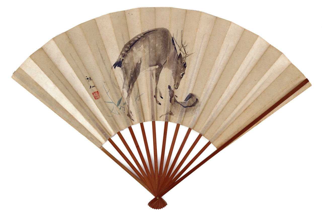 centuriespast:  Mori Sosen’s early-19th-century fan painting “Stag cleaning a