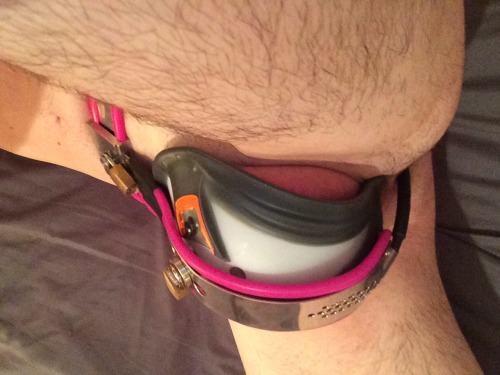 ohmurrr:  This is something I’ve always wanted to try… I modified an athletic cup to fit over the tube of my chastity belt and be locked onto me… I like the way it keeps my balls pressed up against my body. Not really practical for every day wear,