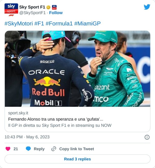 #SkyMotori #F1 #Formula1 #MiamiGP https://t.co/MPmdI30qEF  — Sky Sport F1 (@SkySportF1) May 6, 2023