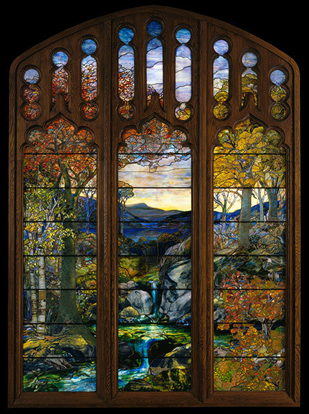 life7imitates7art:Autumn landscape stained glass window by Louis Comfort Tiffany (1924)