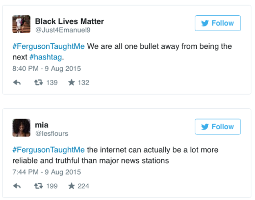 micdotcom:  A year after Michael Brown, people are sharing the harsh truths #FergusonTaughtMe In a year that saw a seemingly unending string of police violence against black men and women, activists and ordinary Americans took to Twitter in a moving