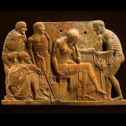 Odysseus returning to Penelope - Terracotta plaque, ca. 460-450 B.C., Greek, Melian. The Metropolita