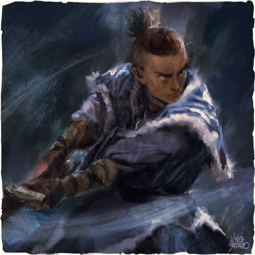 atladescribed:bolin-san:Sokka of the Southern Water Tribe [ID: a semi-realistic painting of Sokka fr