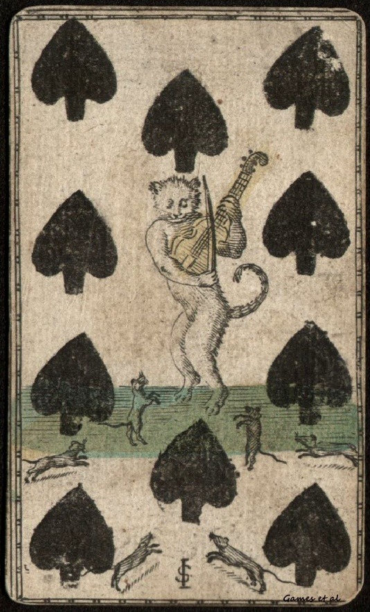 Playing card, 1700s. Ten of spades with cat playing fiddle for dancing mice.