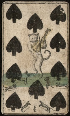 Playing card, 1700s. Ten of spades with cat