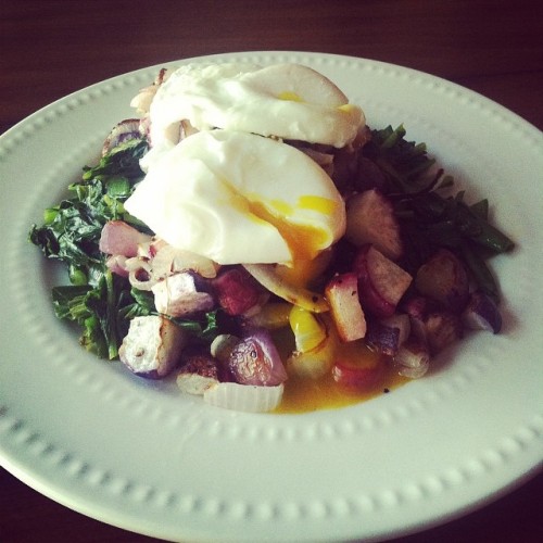 #MeatlessMonday dinner. Roasted radishes and onions over their greens sautéed with scallions.