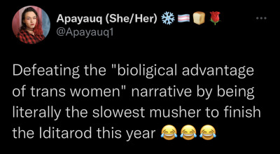 crypticcripple:darkwood-sleddog:Apayauq Reitan, the first trans women to run Iditarod, finishes last and wins the “Committed Through the Last Mile” award. The award, given by Lynden, honors Apayauq for her perseverance and commitment to finish the