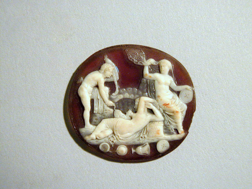 Ancient Greek or Roman sardonyx cameo with a Bacchic group.  Artist unknown; 1st cent. BCE/CE.  Now 