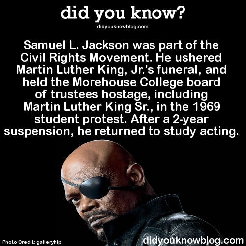 did-you-kno:Samuel L. Jackson was part of the Civil Rights Movement. He ushered Martin Luther King, Jr.’s funeral, and held the Morehouse College board of trustees hostage, including Martin Luther King Sr., in the 1969 student protest. After a 2-year