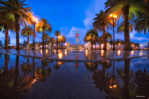 Ferry Building water reflection by davidyuweb . This San Francisco classic landmark has blue, green