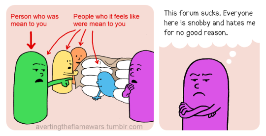 Image: The same image as before. Green person is labelled: Person who was mean to you. Green person and all the background people are labelled: People who it feels like were mean to you. Purple person thinks: this forum sucks. everyone here is snobby and hates me for no good reason.