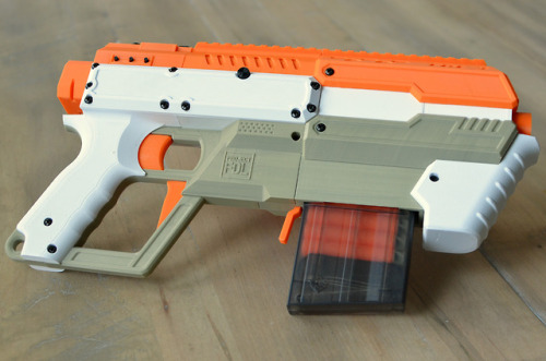 FDL-3 by Project FDLThis is a fully 3D-printed blaster that fires standard .50-caliber Nerf (or equi