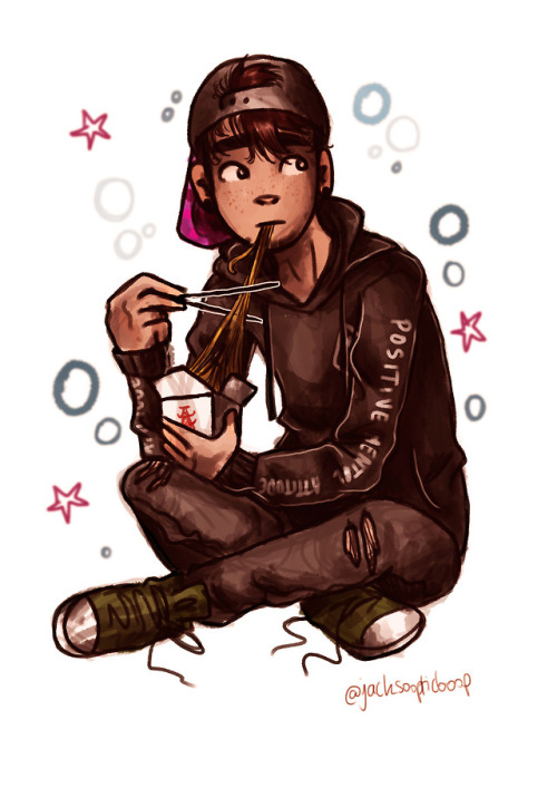 jacksoopticboop: Here’s Chase wearing a big hoodie and eating noodles featuring curly hair and freck