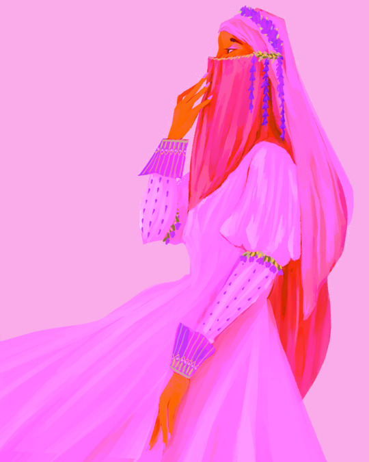 An illustration of a female presenting figure that is facing to the side in a light lavender niqab with wisteria flowers hanging from the sides of their face. There are also little embroidered flowers that line down from puffy sleeves of the shoulders.
