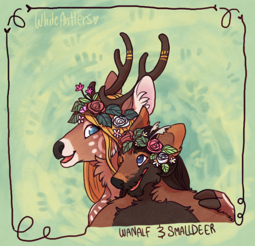 My sister and i’s OC, Smalldeer and Wanalf! they’re a queer deer mom and a gay wolf son &lt;3
