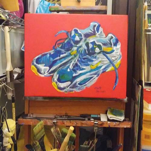 Sometimes i paint things that aren’t skulls, butts, or Godzilla. Sometimes. I’m going to be participating in the  Melrose Windows Art Walk this year. My stuff is going to be at Marathon Sports so i did some running sneakers.   Thank youu.
