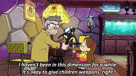 a man giving a young girl a crossbow, caption says "I haven't been in this dimension in a while it's okay to give children weapons right."