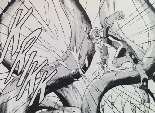 Barring the ridiculous fight in the epilogue, behold, the last time MegaMan fights anything entirely
