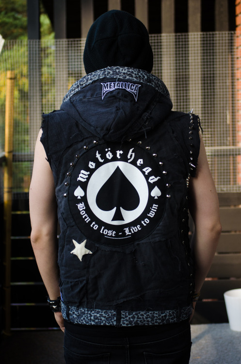 bloodyqueefs:  bazaton:  This unique vest is made of an old hoodie with fluffy lining, (sleeves cut off). Then I took an old pair of black jeans and cut into pieces, then sewed the pieces to the hoodie.And ofc I added all the studs, patches and so on