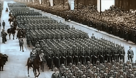 An army of WW1-era soldiers marches