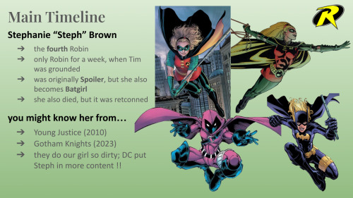 slide following the same format as above. the first bullet title reads "Stephanie "Steph" Brown" and is followed by "> the fourth Robin > only Robin for a week when Tim was grounded > was originally Spoiler, but also becomes Batgirl > she also died but it was retconned" under "you might know her from" is written "> Young Justice (2010) > Gotham Knights (2023) > they do our girl so dirty, DC put Steph in more content !!" the top two pictures are from her Robin days, while the bottom two are her other personas. the bottom left is Spoiler and the bottom right is Batgirl.