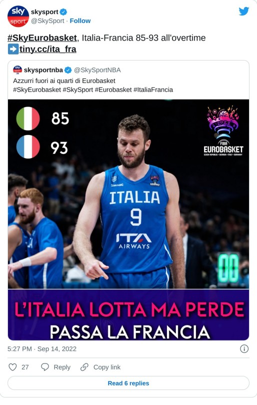 #SkyEurobasket, Italia-Francia 85-93 all'overtime ➡️https://t.co/bY7qndo7Li https://t.co/QZkrXE5hT5  — skysport (@SkySport) September 14, 2022