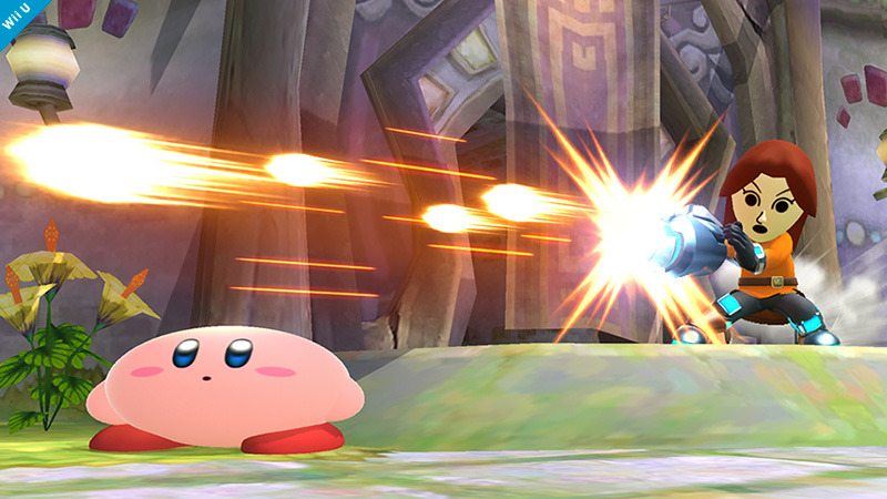 Smash Bros. Daily Screen: Mii Gunner Side Smash
According to Sakurai, The Mii Gunner will have the farthest reaching side smash. Doesn’t mean it will always hit though. Kirby seems to have dodged it pretty well. [❤]