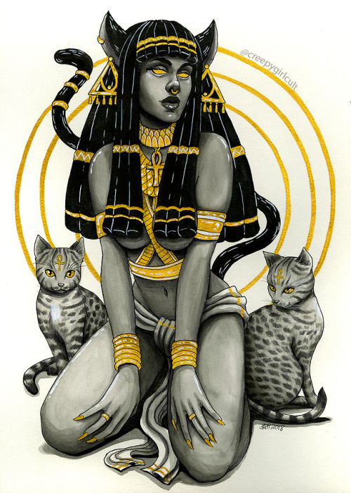 “Bast, Isis, and Hathor” - watercolor and gold acrylic ink - 2018 Artist: creepygir