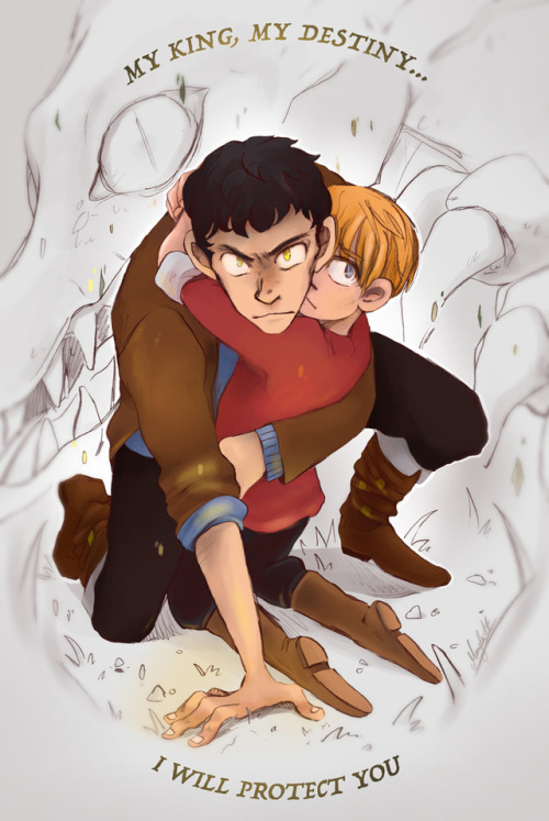 maryluis:I’ll protect you_Merlin - Merlin was kneeling in front of the prince and wrapped an arm aro